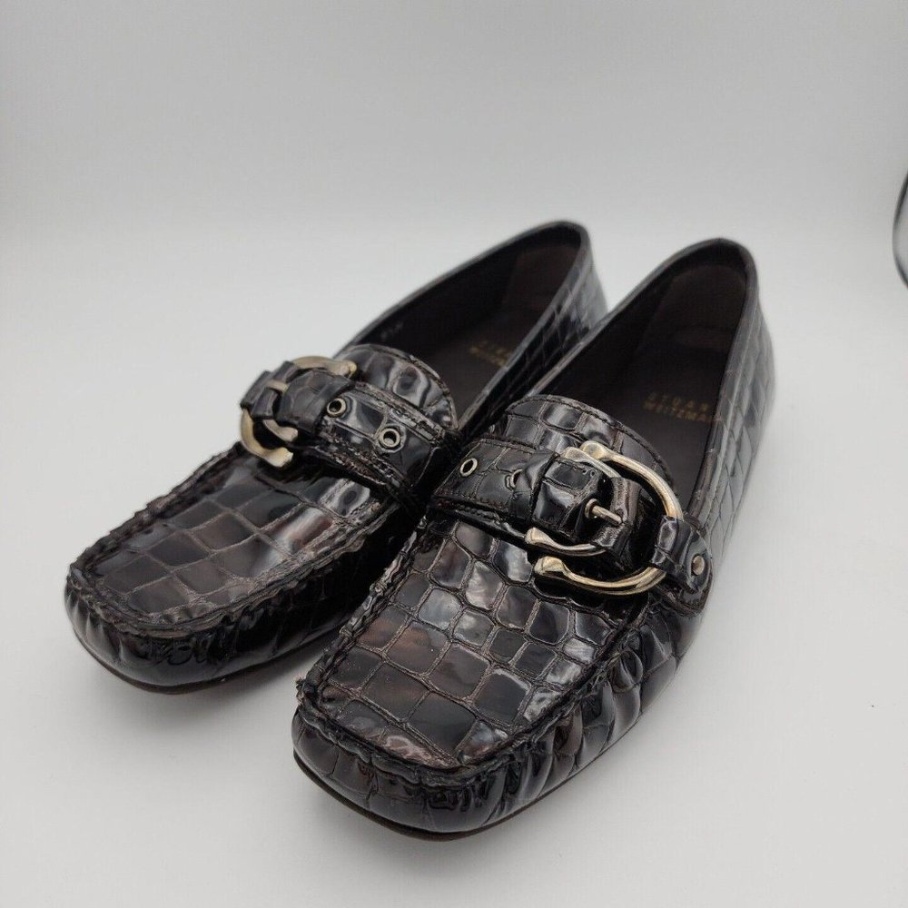 STUART WEITZMAN LOAFERS FUDGE SIOUX CROC PATENT LEATHER BUCKLE SIZE 5.5 M